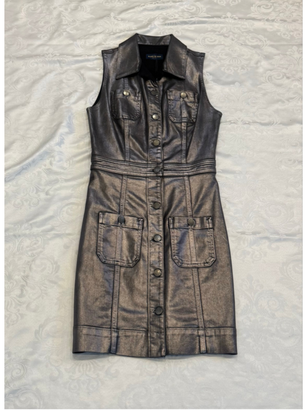 Ramy Brook Black Metallic Katalina Coated Denim Button Front Mini Dress Size 26 - Picture 5 of 7